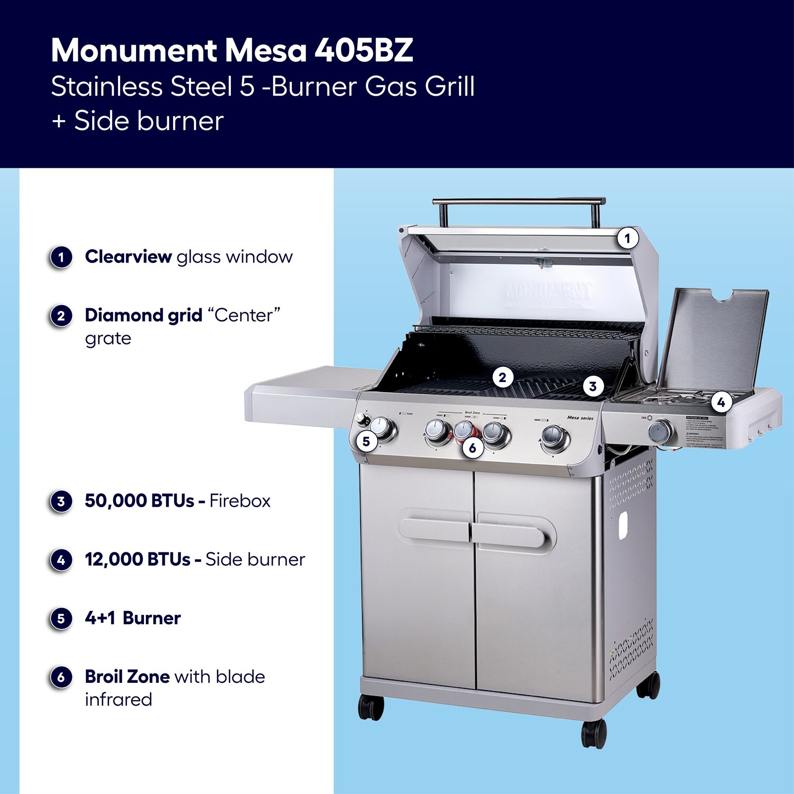 Monument Mesa 405BZ Stainless Steel 5 -Burner Infrared Liquid Propane Gas Grill 1 -Side Burner - Image 2
