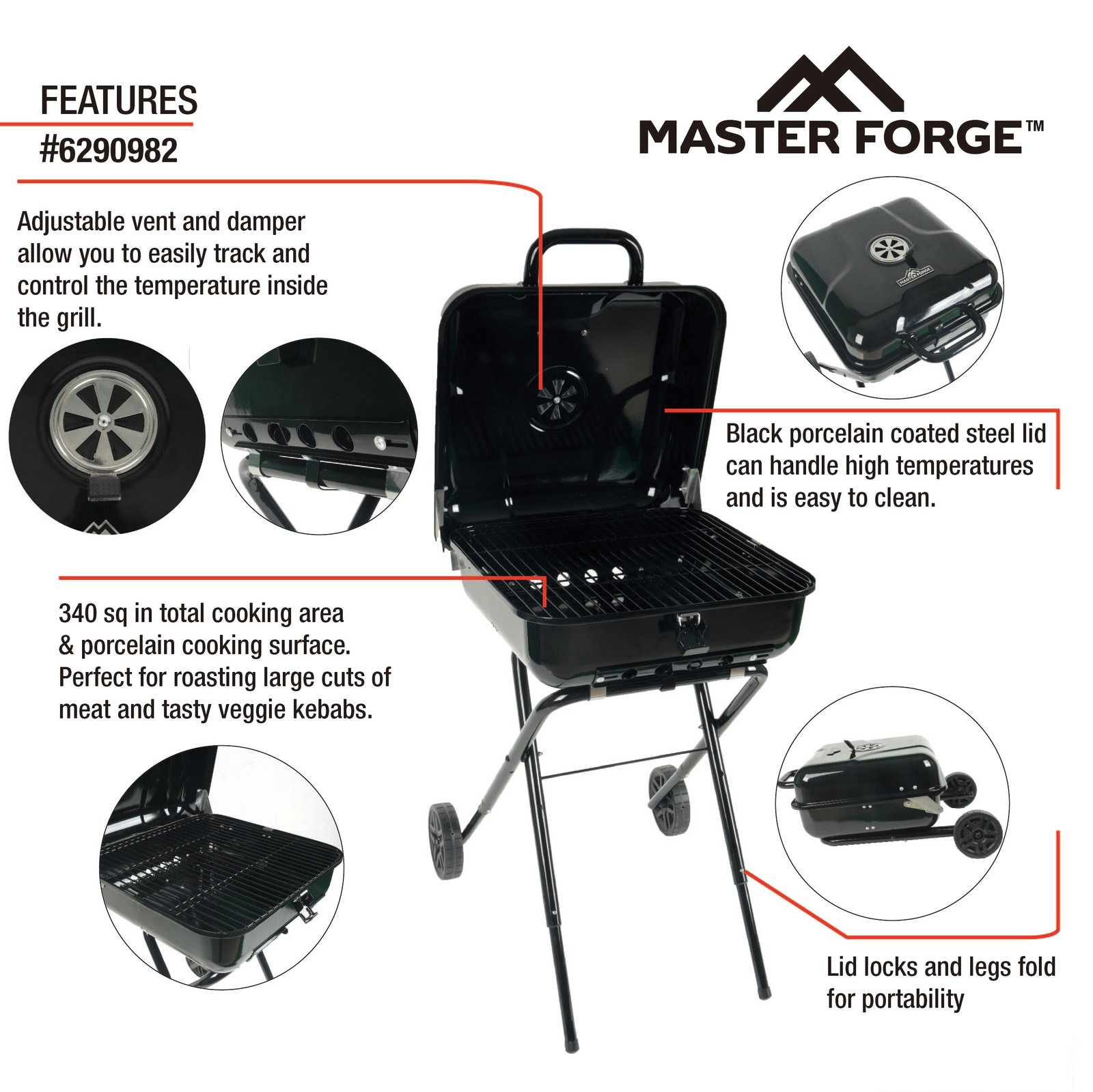 Master Forge Small 340-Sq. in Black Portable Charcoal Grill - Image 3