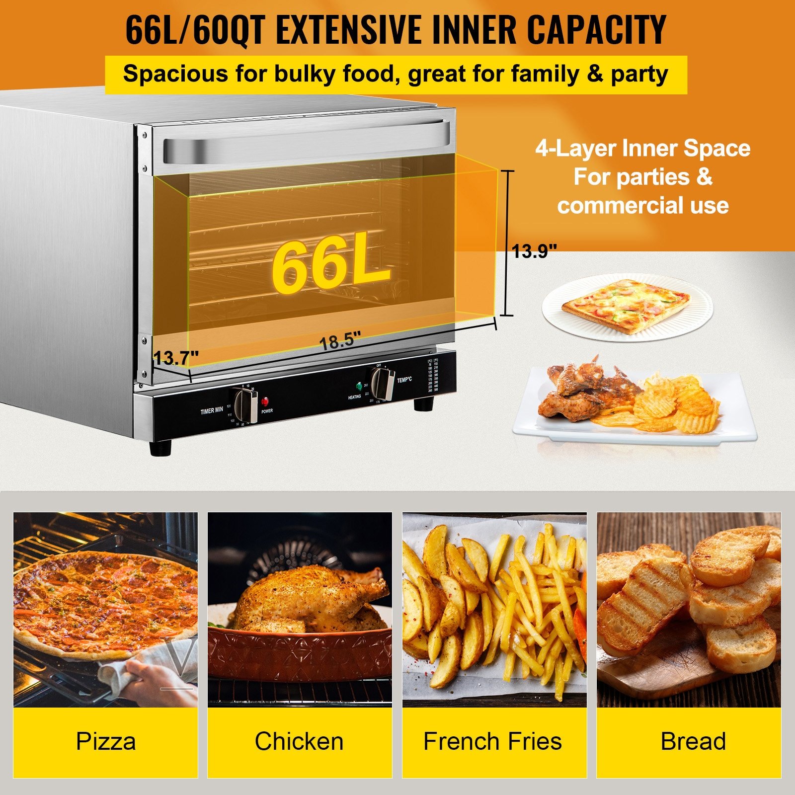 VEVOR 66L Commercial Convection Oven 24 inch Single Electric Wall Oven Single-fan and ( Stainless Steel + Tempered Glass ) - Image 3