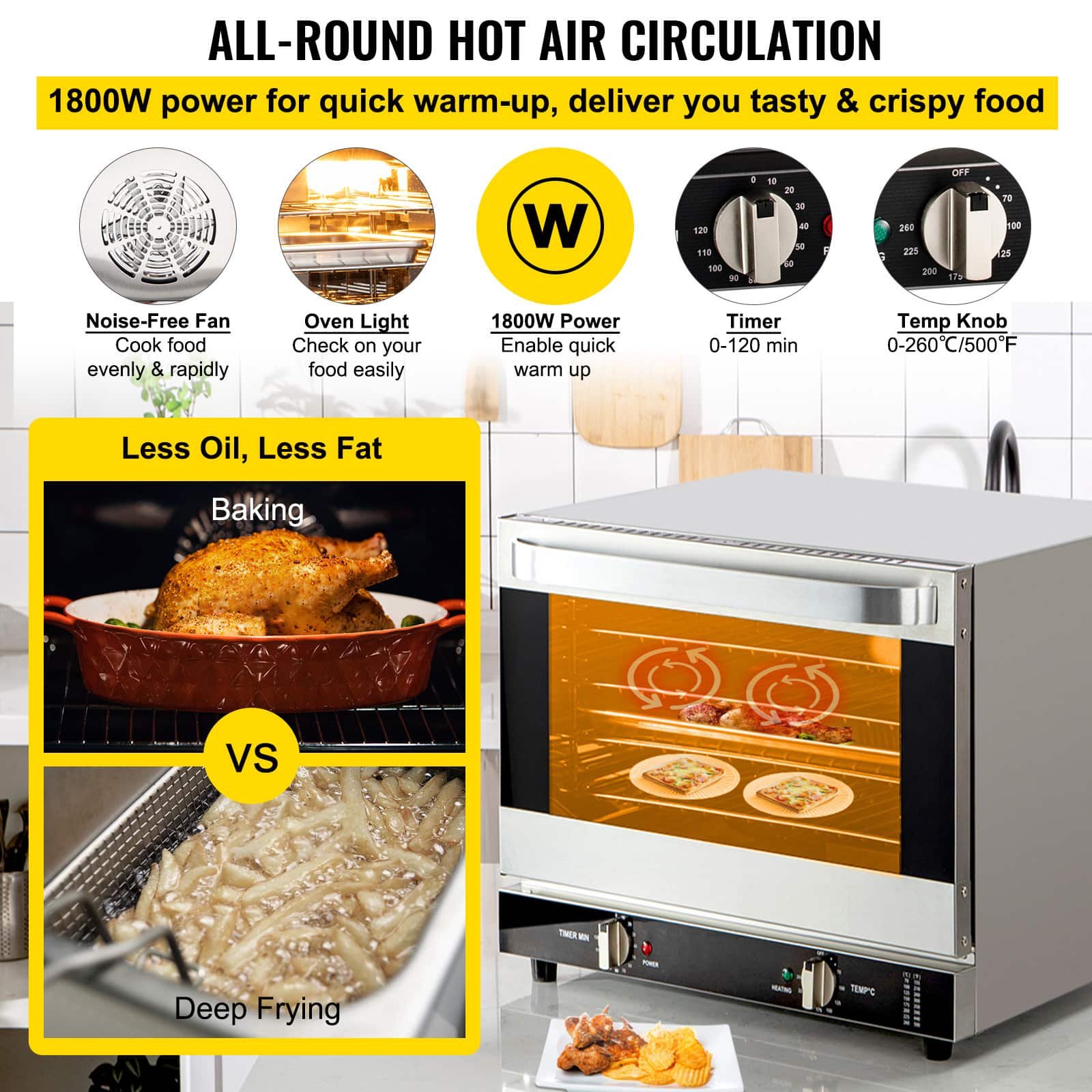 VEVOR 66L Commercial Convection Oven 24 inch Single Electric Wall Oven Single-fan and ( Stainless Steel + Tempered Glass ) - Image 4