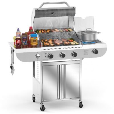 COWSAR Stainless steel and sliver 3 -Burner Liquid Propane Gas Grill 1 -Side Burner