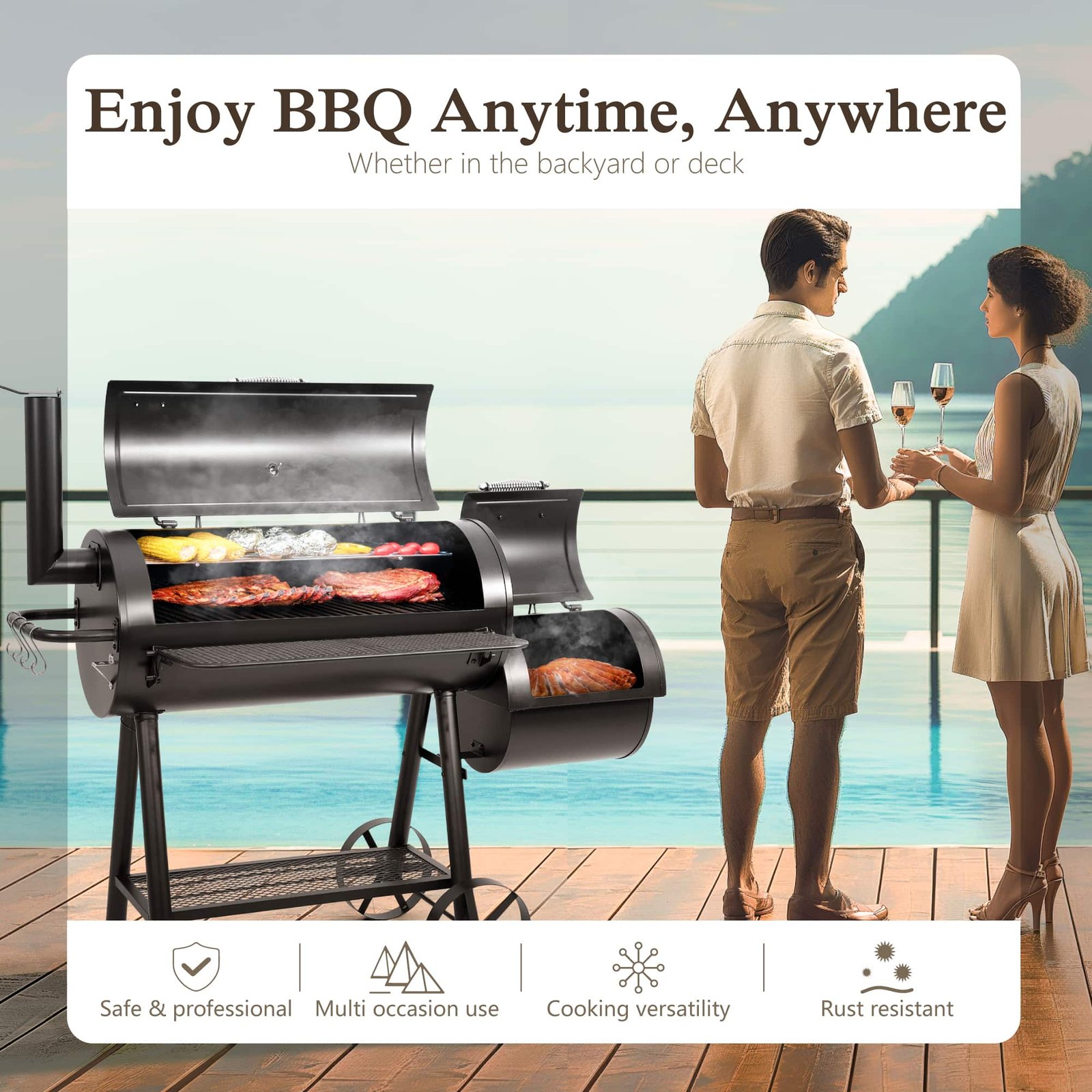 Sunshine Valley 941-Sq. in Black Horizontal Charcoal Smoker - Image 3